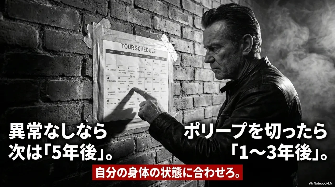 大腸カメラが異常なしなら5年後、ポリープ切除後なら1〜3年後を目安に調整する考え方