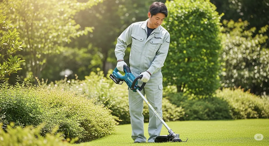 男性が緑豊かな庭でマキタの充電式草刈機を使って芝を刈っている様子。草刈機にはバッテリーが装着されており、手袋を着用している。背景には木々があり、穏やかな日差しが差し込んでいる。