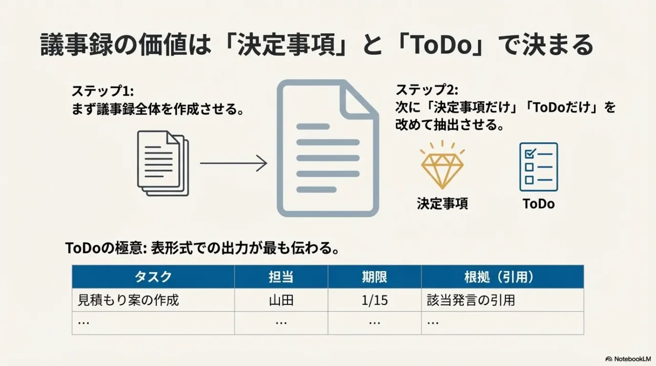 議事録は決定事項とToDo抽出が重要で、ToDoは表で整理する図