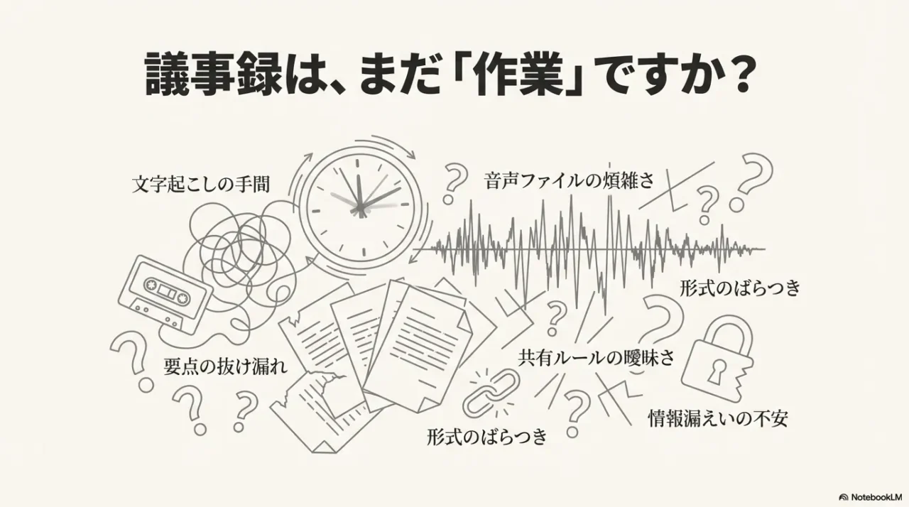 議事録作成で起きがちな課題（文字起こし、音声、形式、共有、漏えい）
