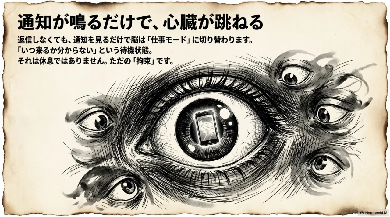 スマホの通知を見るだけで心臓が跳ね、脳が仕事モードに切り替わってしまう様子を描いたイラスト。「それは休息ではありません。ただの拘束です」というテキスト。