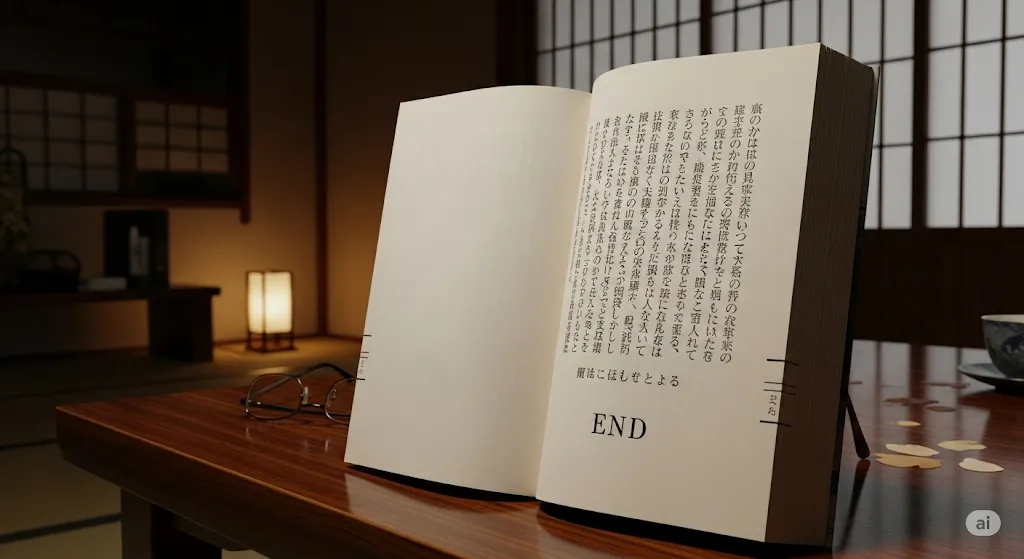 和室の机の上に置かれた、最終ページが開かれた小説。ページには「END」という文字が見える。