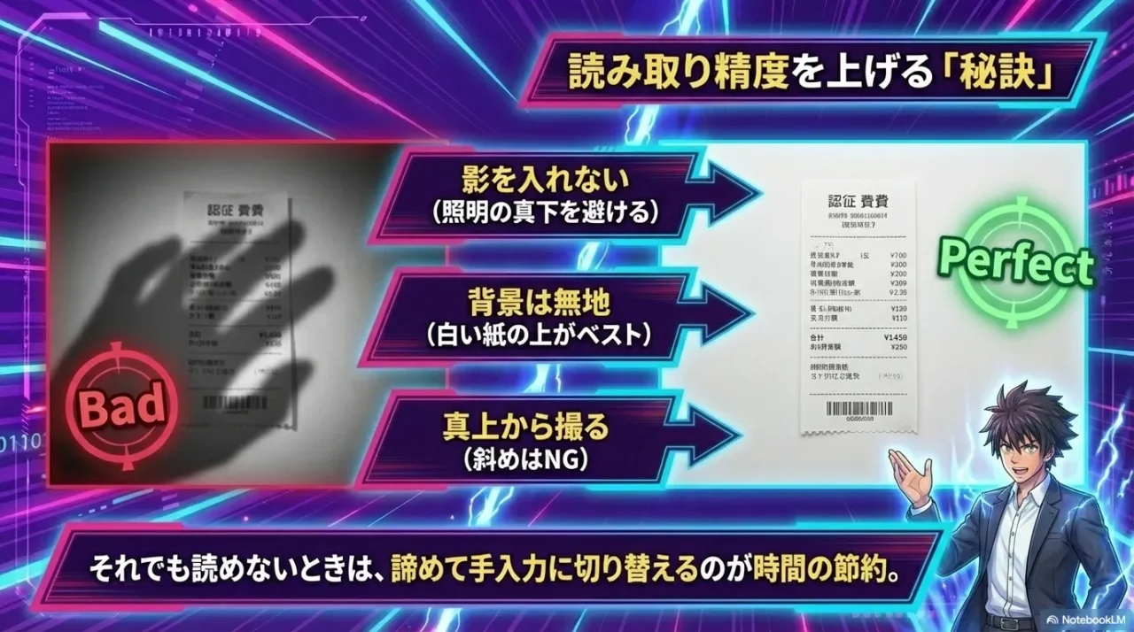 領収書の読み取り精度を上げる3つのコツ(影、背景、角度)