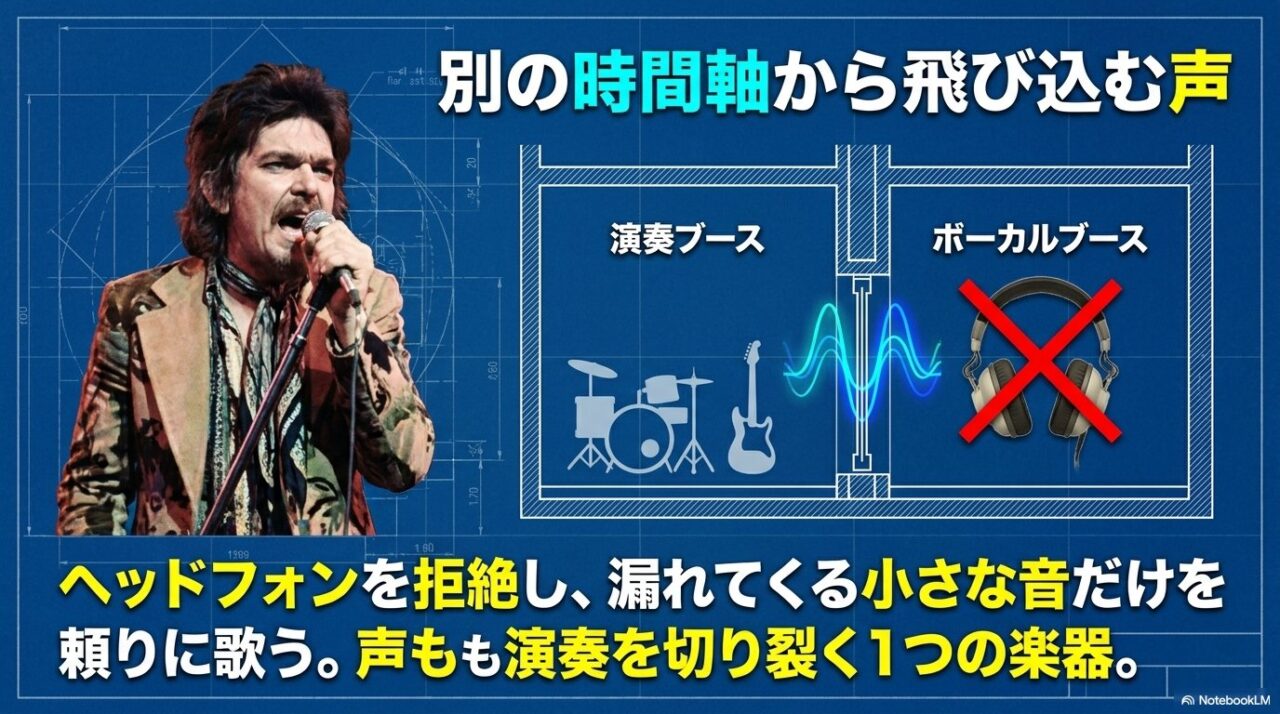 歌う人物と演奏ブース・ボーカルブースの断面図を描き、ヘッドフォンを使わず漏れ音を頼りに録音したボーカルのずれを示す図。