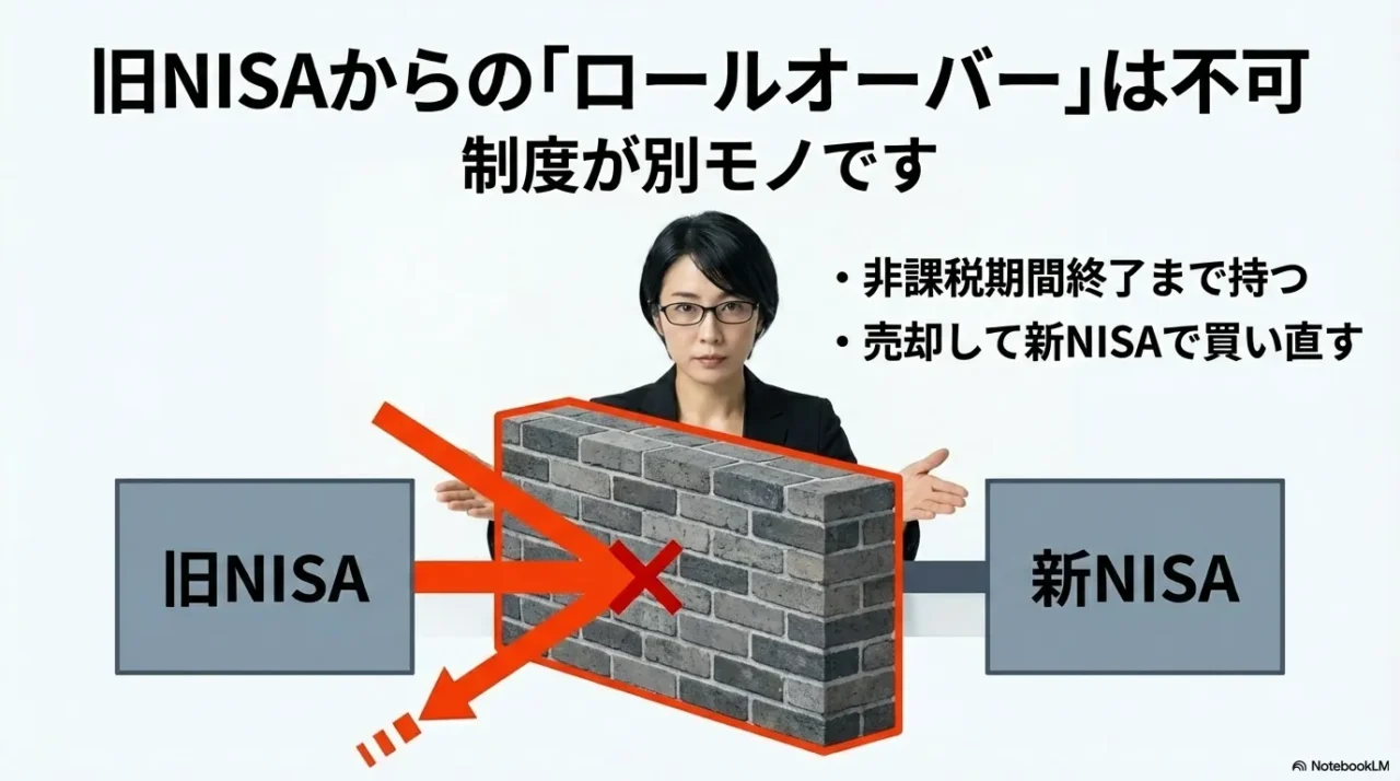 旧NISAは新NISAへロールオーバーできず制度が別物であることを示す画像