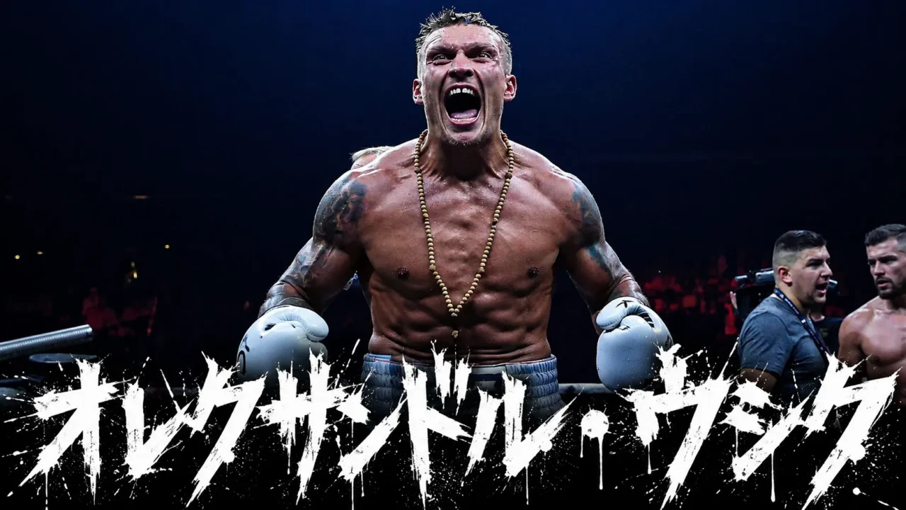 暗いボクシング会場で雄叫びを上げるボクサーと、パンク風の力強い文字で「オレクサンドル・ウシク」と入った16:9画像