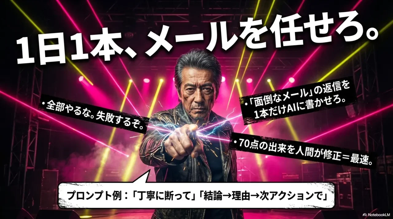 面倒なメール返信を1本だけAIに作らせ、70点を人が直す運用が最速という提案