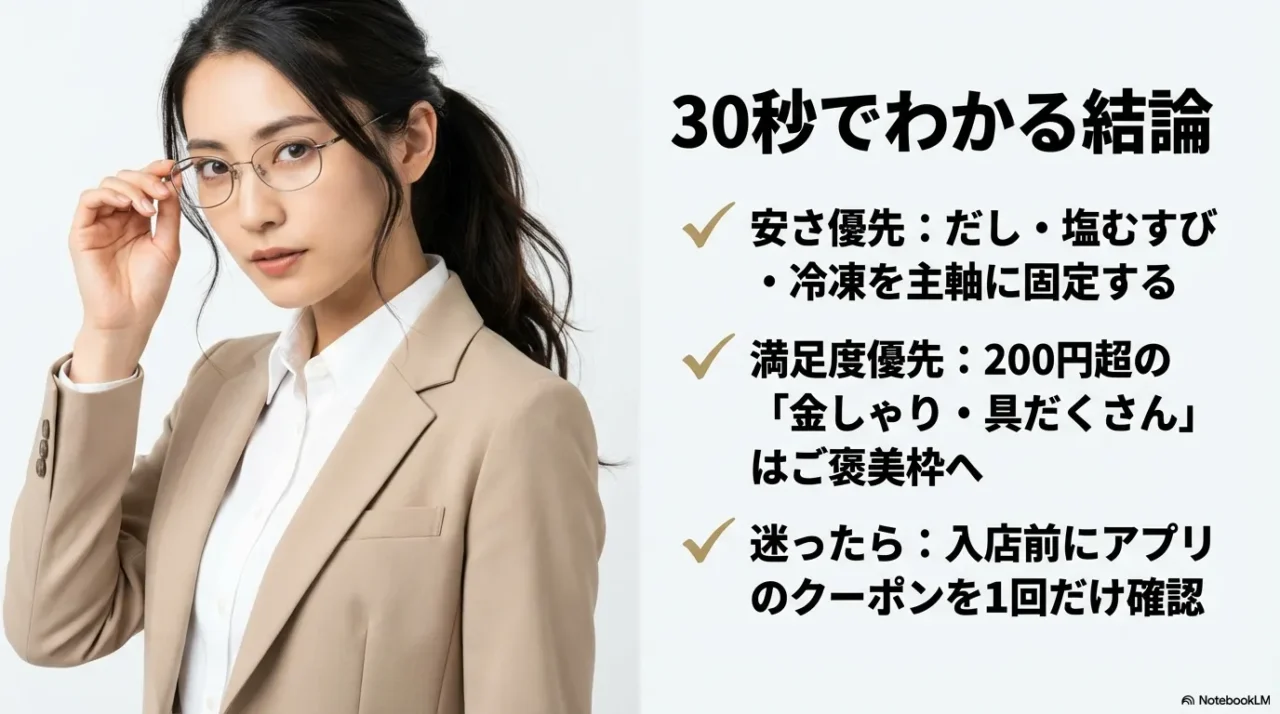 コンビニおにぎりの選び方を安さ・満足度・クーポン活用の3軸でまとめた結論画像