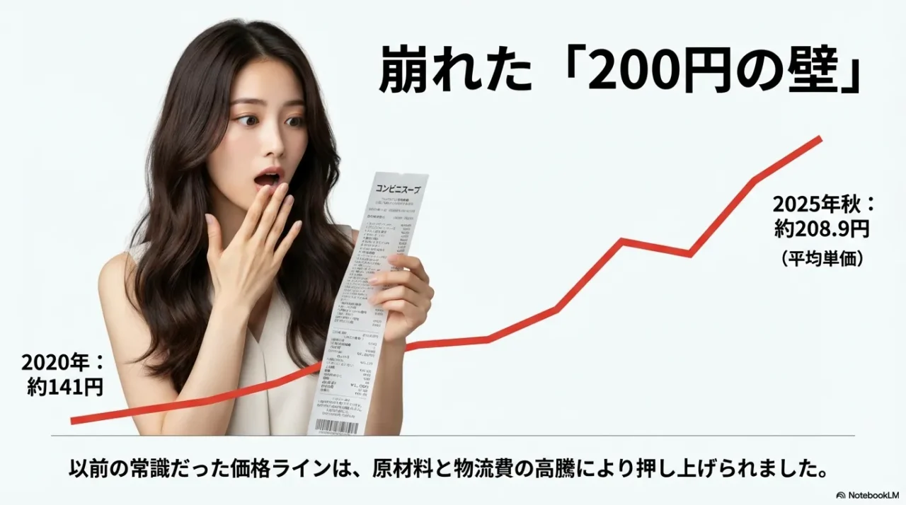 2020年から2025年秋までのコンビニおにぎり平均価格の上昇を示すグラフ