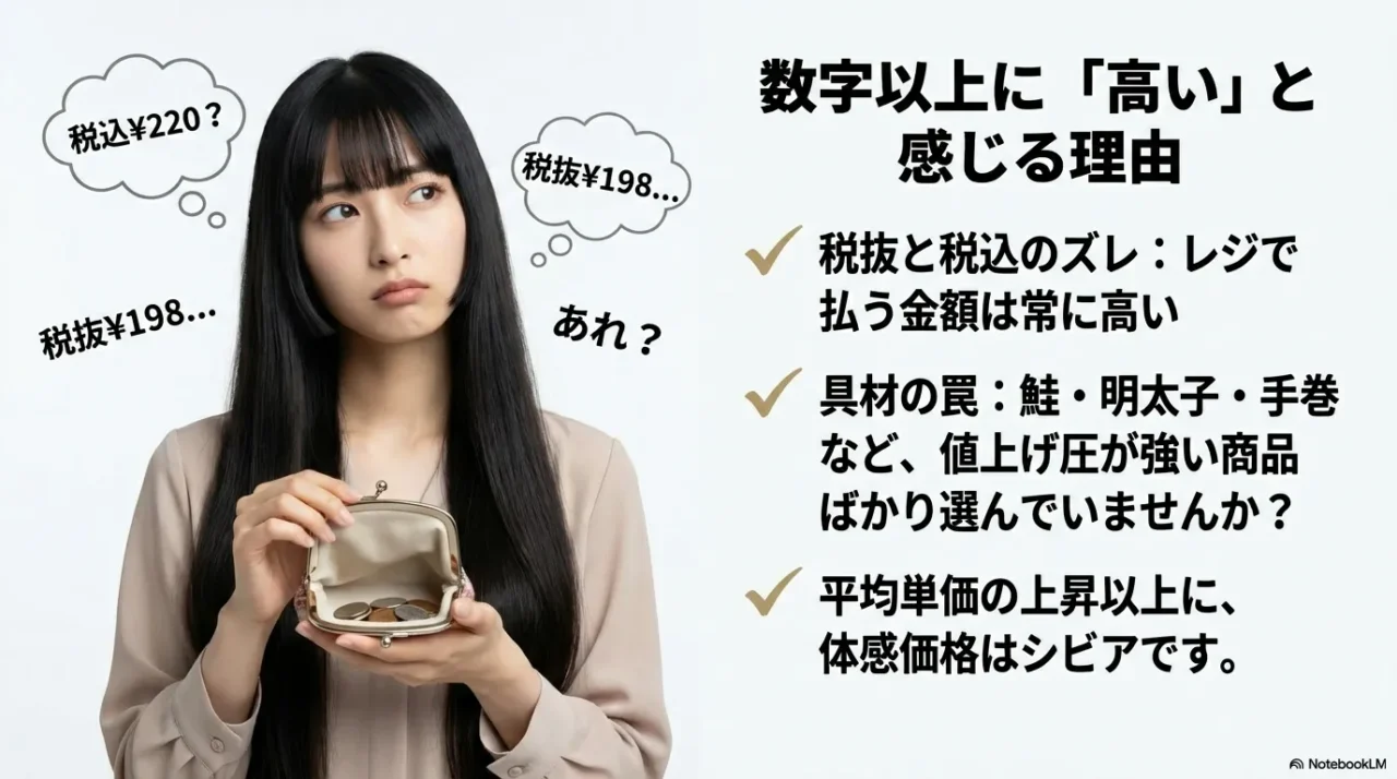 税込価格の差や選ぶ具材によっておにぎりの価格を数字以上に高く感じる理由の説明