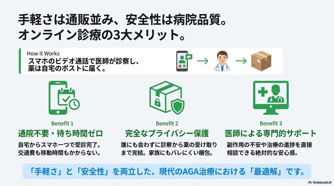 通院不要、完全なプライバシー保護、医師によるサポートというオンライン診療が持つ3つの主要メリット