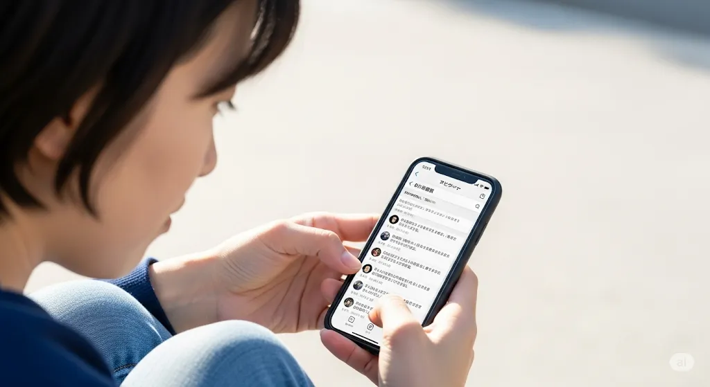 スマートフォンで匿名レビューを懐疑的に読む女性