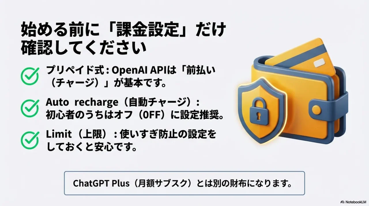 OpenAI APIはプリペイド式で、Auto rechargeは初心者はオフに設定することを推奨する説明画像