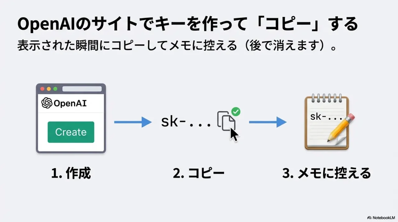 OpenAIサイトでAPIキーを作成し、表示された瞬間にコピーしてメモする流れを示す図