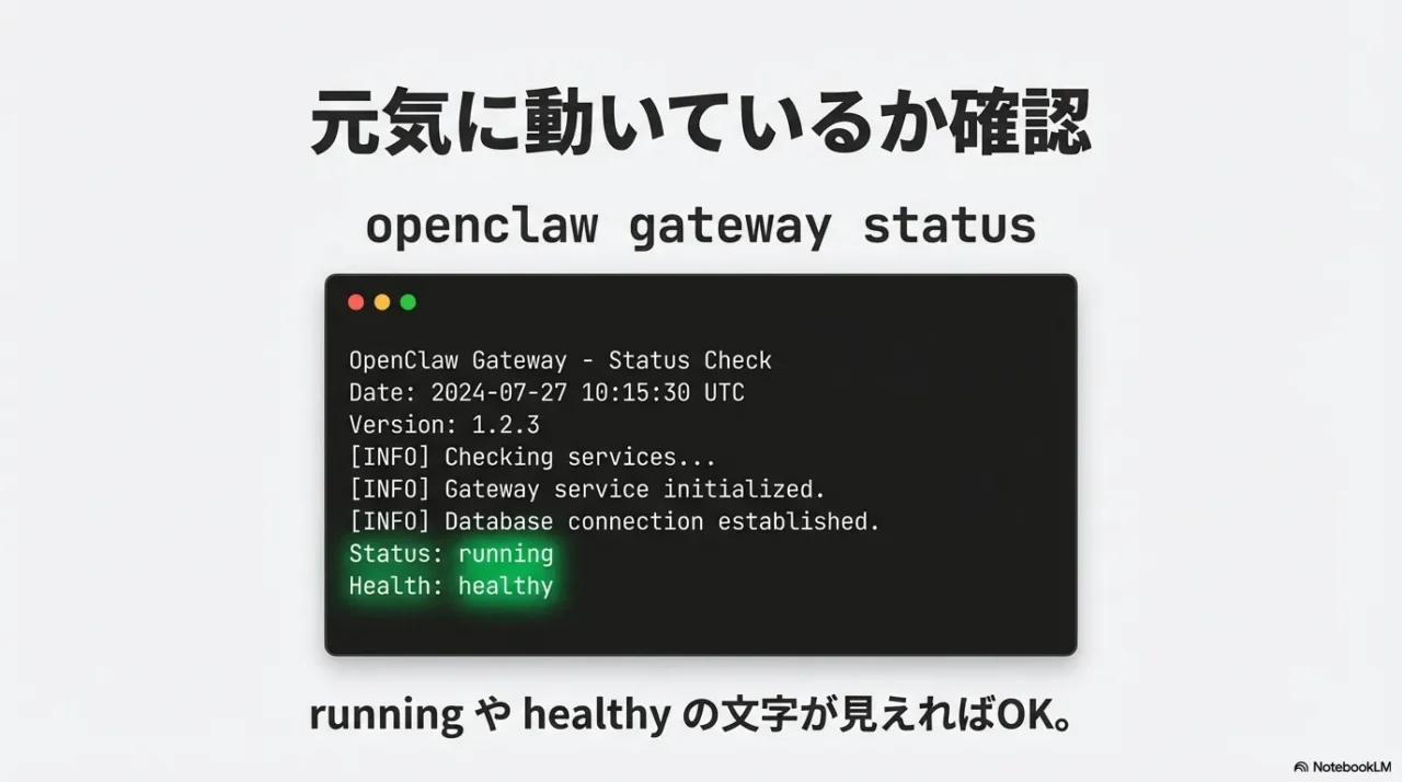openclaw gateway status実行結果でrunningやhealthyが表示されている例