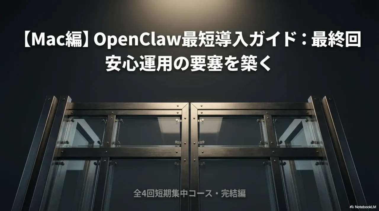 OpenClaw最短導入ガイド（Mac編）最終回の表紙。「安心運用の要塞を築く」と扉のビジュアルが描かれた画像。