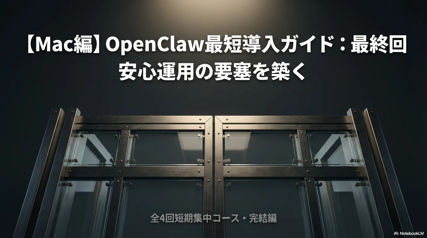 OpenClaw最短導入ガイド（Mac編）最終回の表紙。「安心運用の要塞を築く」と扉のビジュアルが描かれた画像。