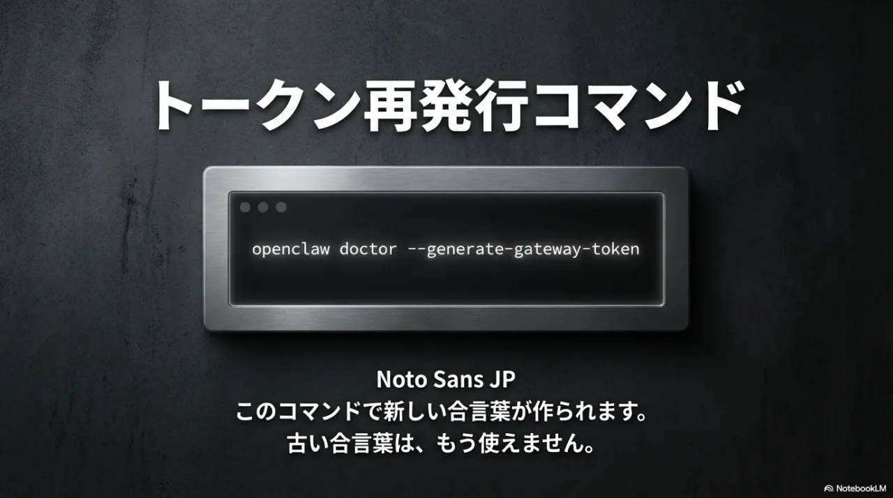 トークン再発行コマンド「openclaw doctor --generate-gateway-token」を示す画像。新しい合言葉を生成し、古い合言葉は使えないことを説明している。