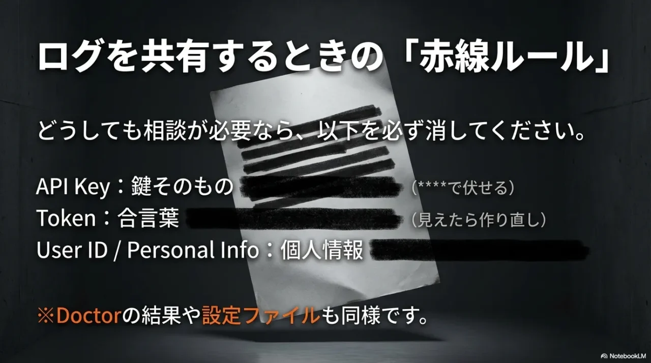 ログ共有の赤線ルール。APIキー、トークン、ユーザーIDや個人情報は必ず消す（伏せる）と示す画像。