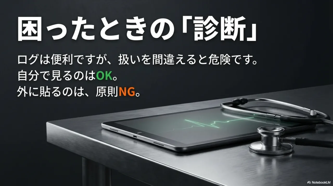 困ったときの診断。ログは自分で見るのはOKだが、外に貼るのは原則NGと示す画像。