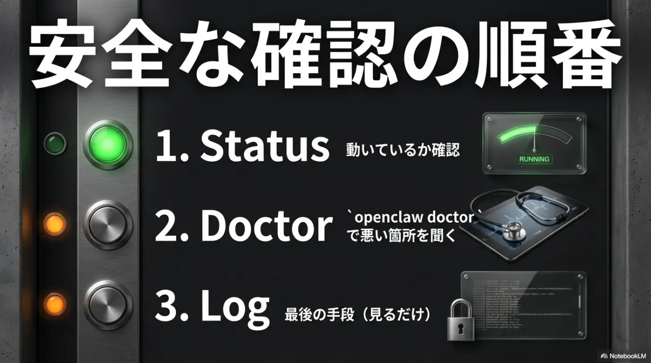 安全な確認の順番はStatus→Doctor（openclaw doctor）→Log。まず稼働確認、次に診断、最後にログと示す画像。