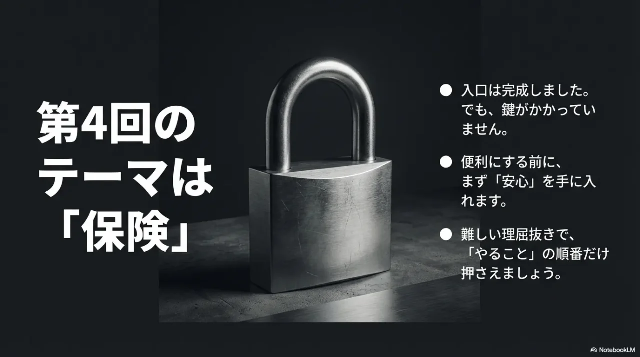第4回のテーマは「保険」。入口は完成したが鍵がかかっていないため、便利にする前に安心を手に入れることを示す画像。