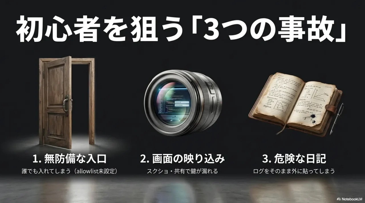 初心者を狙う「3つの事故」—無防備な入口（allowlist未設定）、画面の映り込み（スクショ共有で漏えい）、危険な日記（ログの貼り付け）を示す画像。