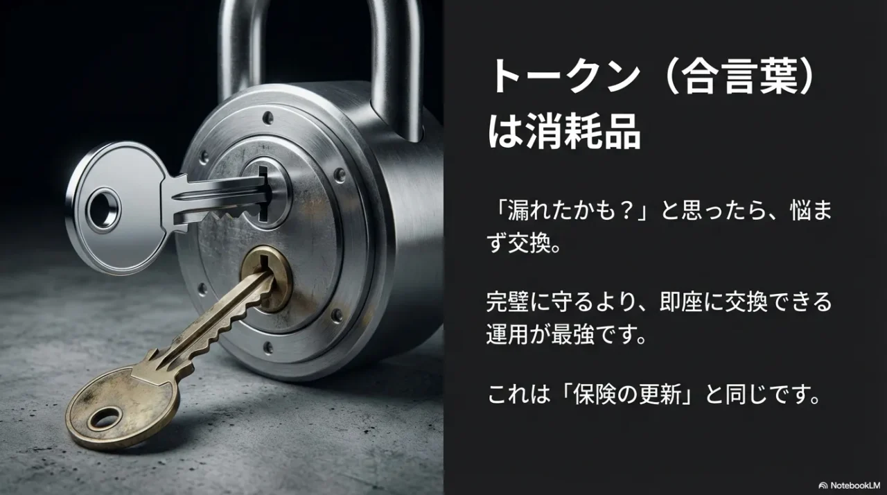 トークン（合言葉）は消耗品。漏れたかもと思ったら悩まず交換し、即交換できる運用が最強と示す画像。