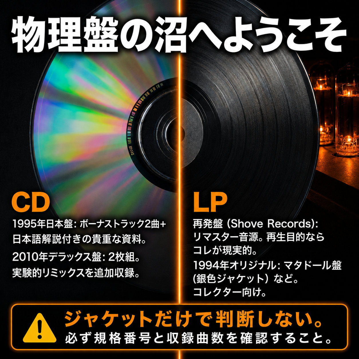CDとLPを左右に分け、日本盤、デラックス盤、再発盤、オリジナル盤の特徴と購入時の確認点を解説した比較画像