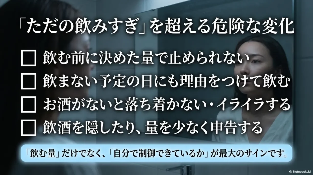 飲む前に決めた量で止められない、理由をつけて飲む、お酒がないと落ち着かないなどの危険サインを示す画像