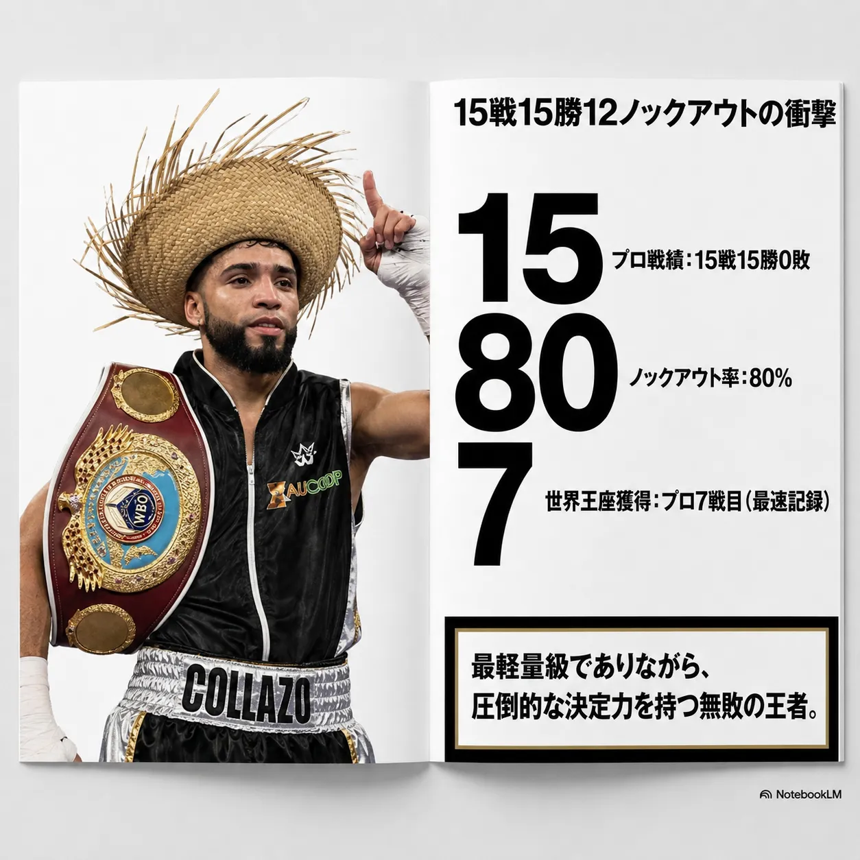 WBO世界王座のチャンピオンベルトを身につけ麦わら帽子をかぶったボクサーCollazo選手の写真と、プロ戦績15戦15勝0敗、ノックアウト率80%、プロ7戦目での世界王座獲得という最速記録を紹介する雑誌の見開きページ。