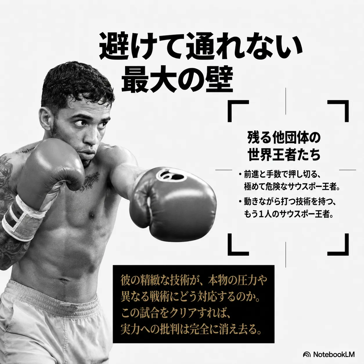 ボクシングの選手がグローブを構えパンチを繰り出すモノクロ写真。「避けて通れない最大の壁」の見出しと、残る他団体の世界王者たちの特徴や試合の意義を説明するテキストが添えられたインフォグラフィック。