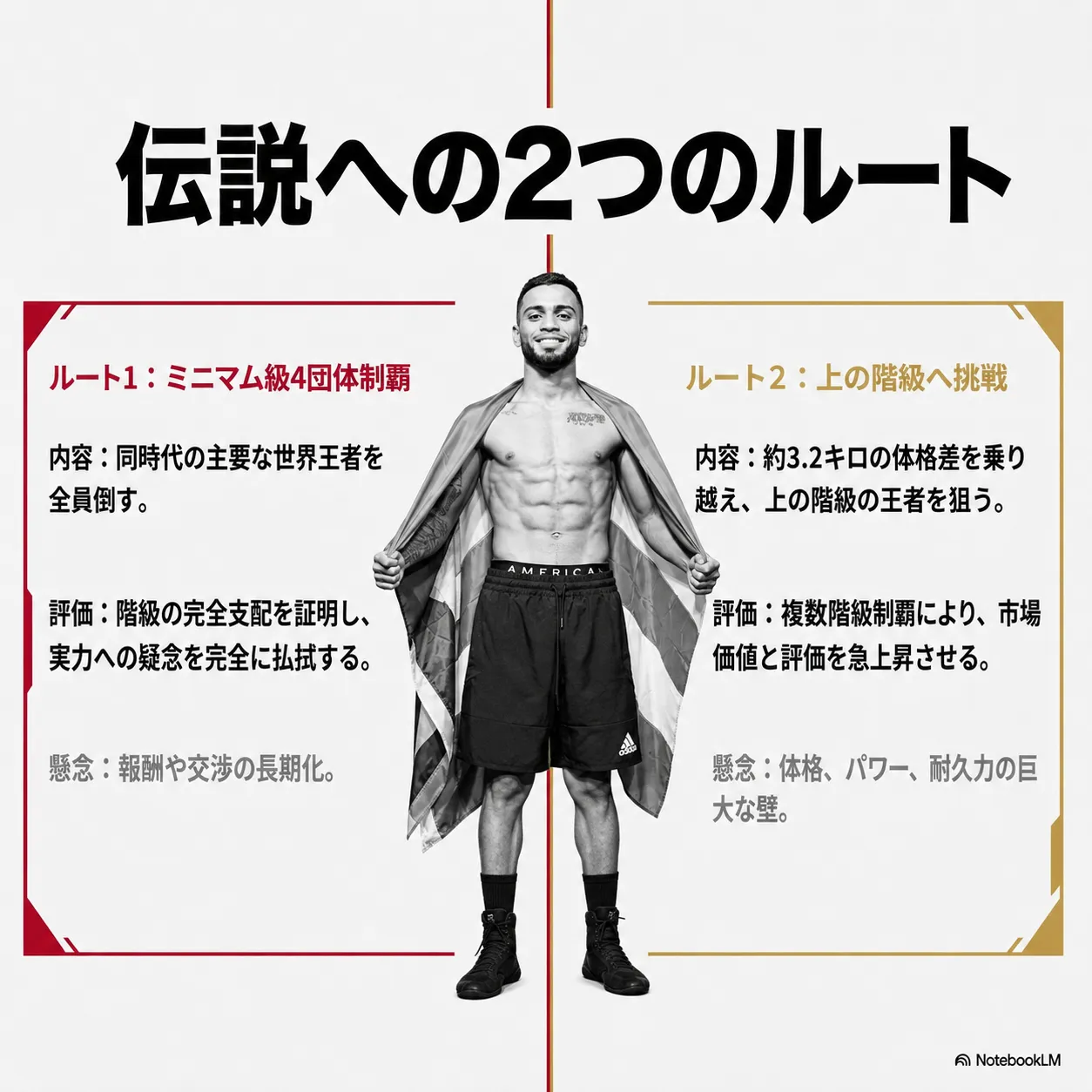 ボクシングの伝説への2つのルートを比較したインフォグラフィック。ルート1はミニマム級4団体制覇で階級の完全支配を証明、ルート2は上の階級へ挑戦し複数階級制覇で市場価値を上昇。中央に上半身裸のボクサー。