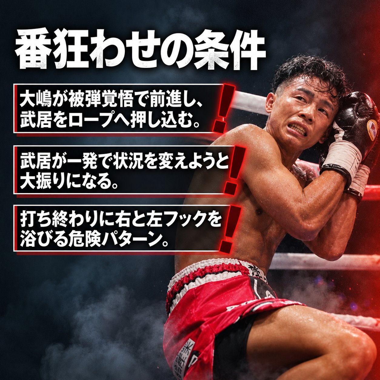 ロープ際で守る武居由樹の写真と三つの警告項目を組み合わせ、大嶋剣心が前進して番狂わせを狙う条件を示す画像。