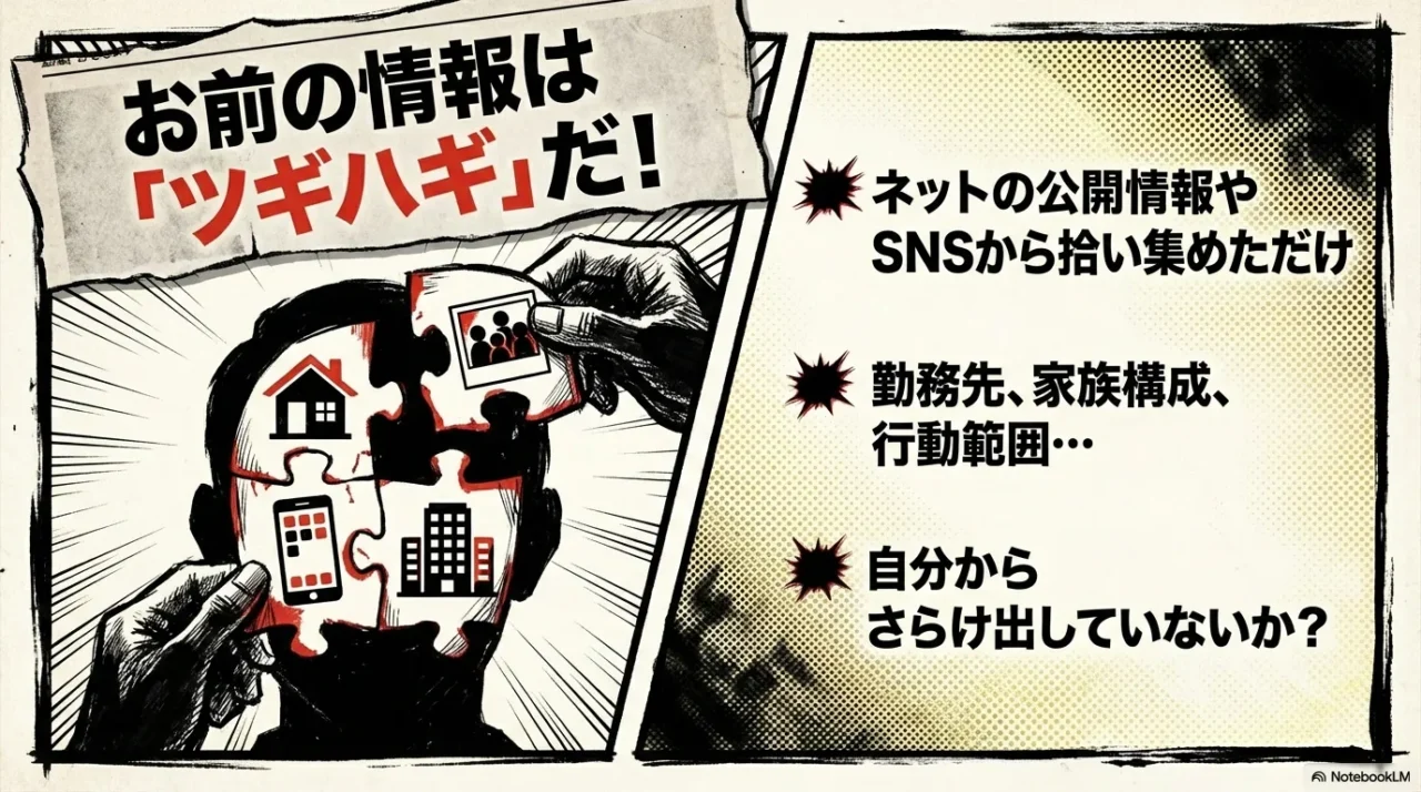 ネットやSNSから拾い集めた断片的な情報で警察を装っていることを説明するイラスト