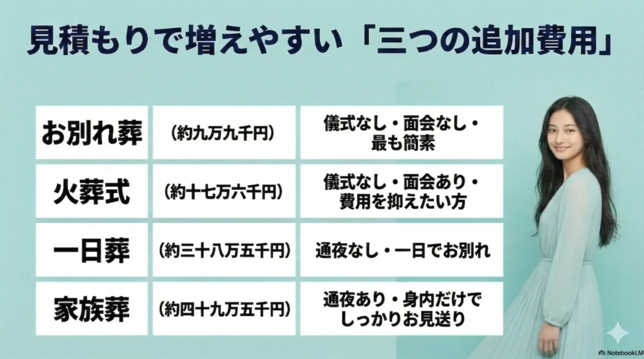 見積もりで増えやすい追加費用があることを伝える画像