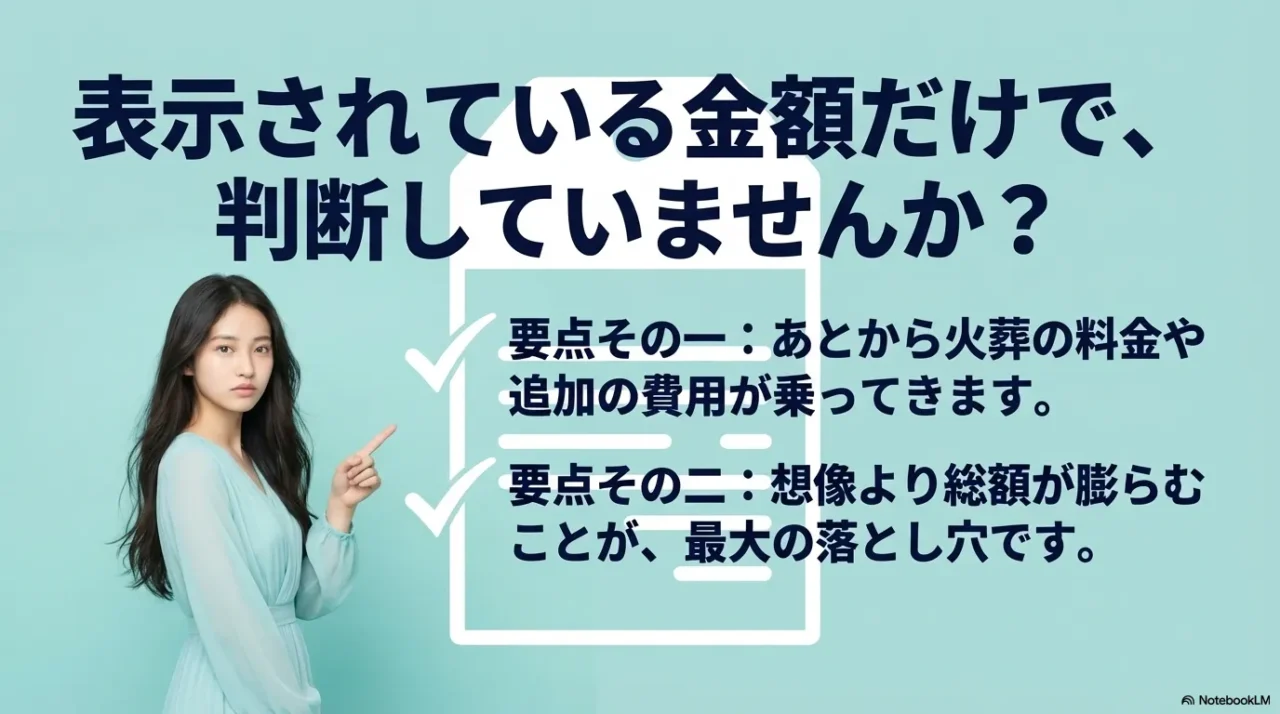 表示価格だけで判断すると火葬料金や追加費用で総額が膨らむことを伝える画像