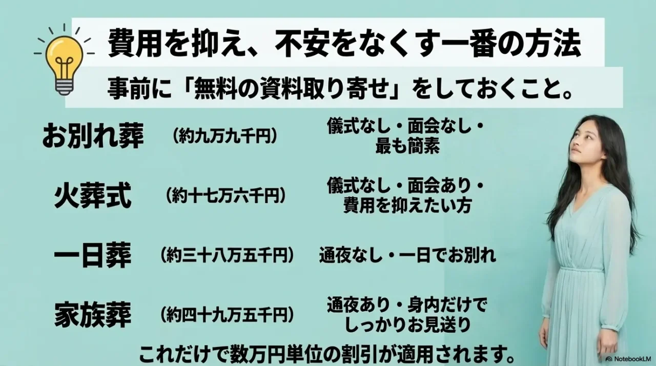 費用を抑えて不安を減らすには事前の無料資料請求が重要と伝える画像