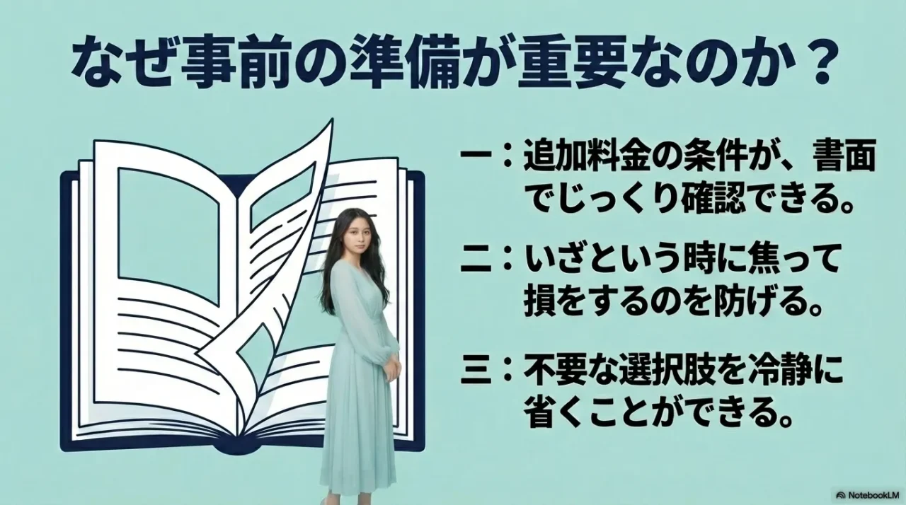 事前準備が重要な理由として追加料金確認や焦り防止を示した画像