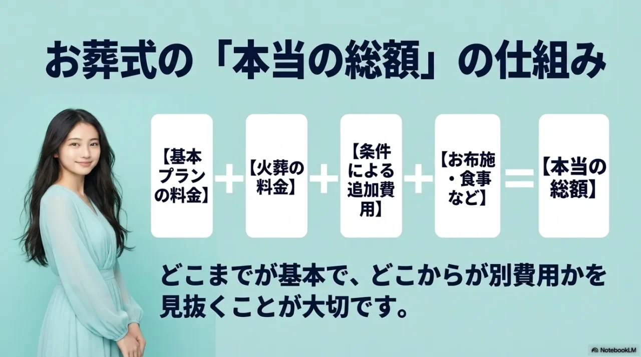 葬儀の総額が基本プラン料金と火葬料金と追加費用とお布施や食事で決まると示した画像