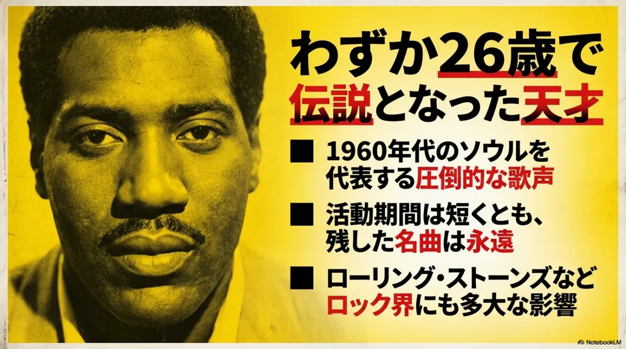 26歳で亡くなったオーティス・レディングの歌声とロック界への影響をまとめた画像