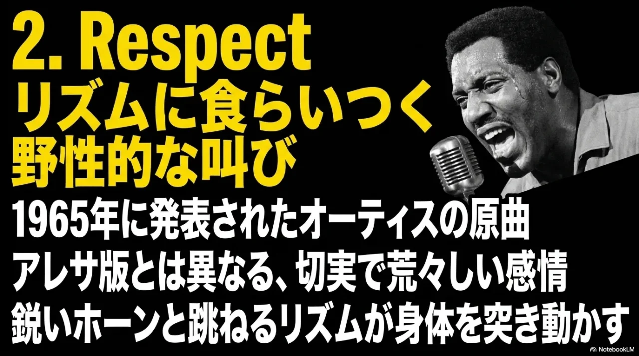 オーティス・レディングのリスペクト原曲の野性的な歌声とリズムを紹介する画像