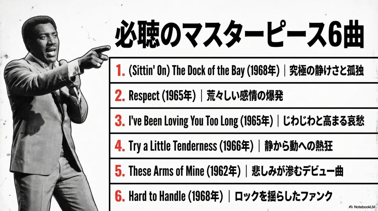 オーティス・レディングの代表曲6曲と各曲の特徴を一覧にした画像