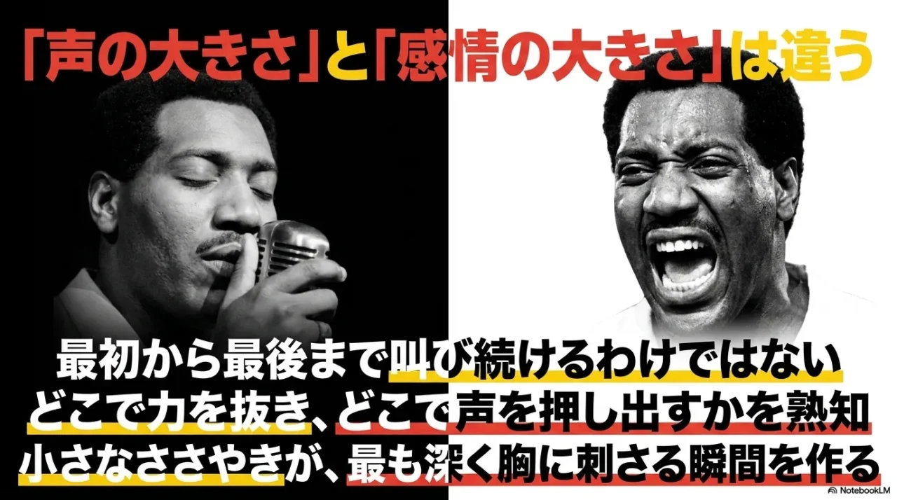 静かに歌う姿と激しく叫ぶ姿を比較し、オーティス・レディングの表現力を示した画像