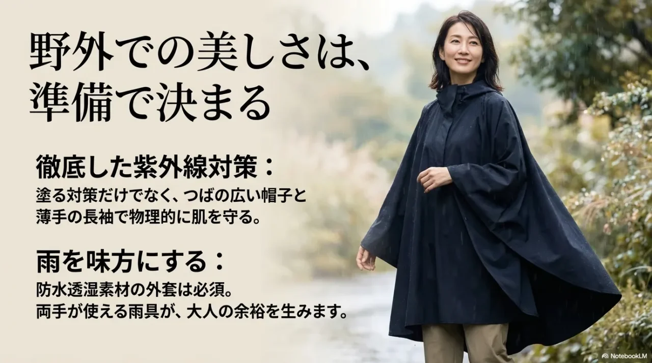 野外フェスでの紫外線対策と雨対策を意識した40代・50代女性向けコーデの画像