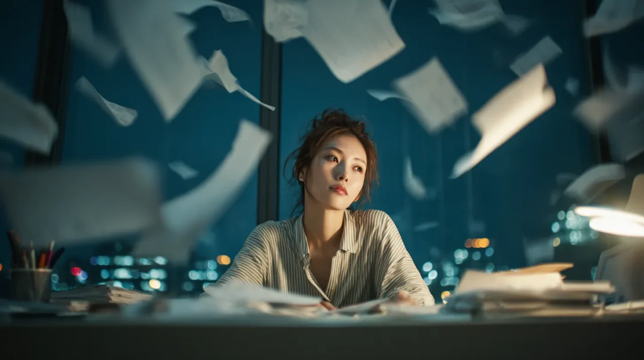 深夜のオフィスで大量の書類が舞う中、疲れ切った様子で机に向かう日本人女性のイメージ