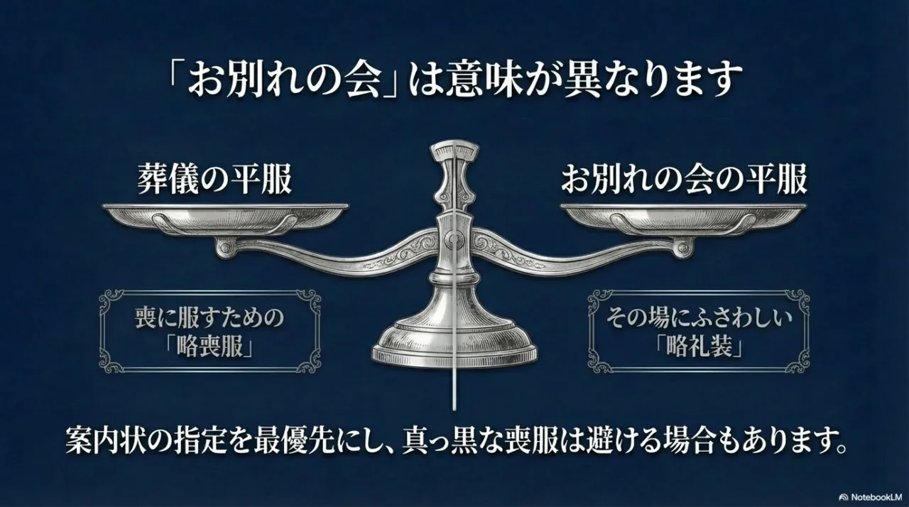 葬儀の平服とお別れの会の平服の意味の違いを示す比較画像