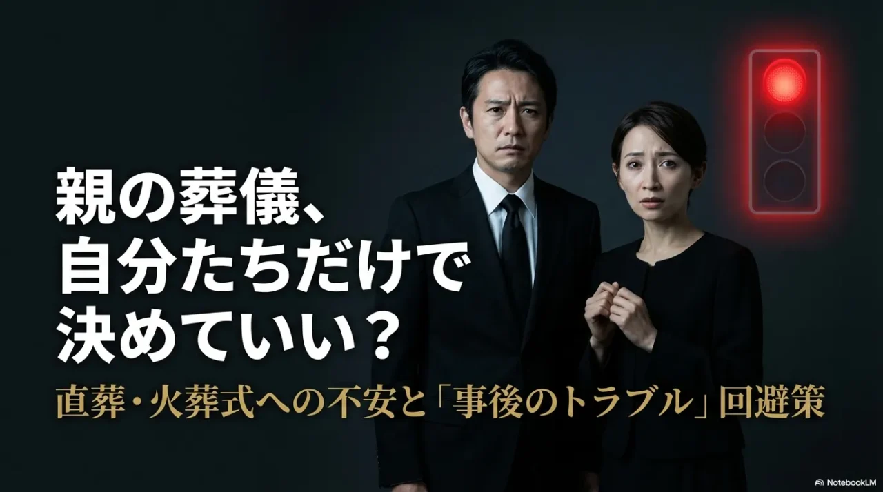 親の葬儀を自分たちだけで決める不安と、直葬・火葬式の事後トラブル回避策を示す画像