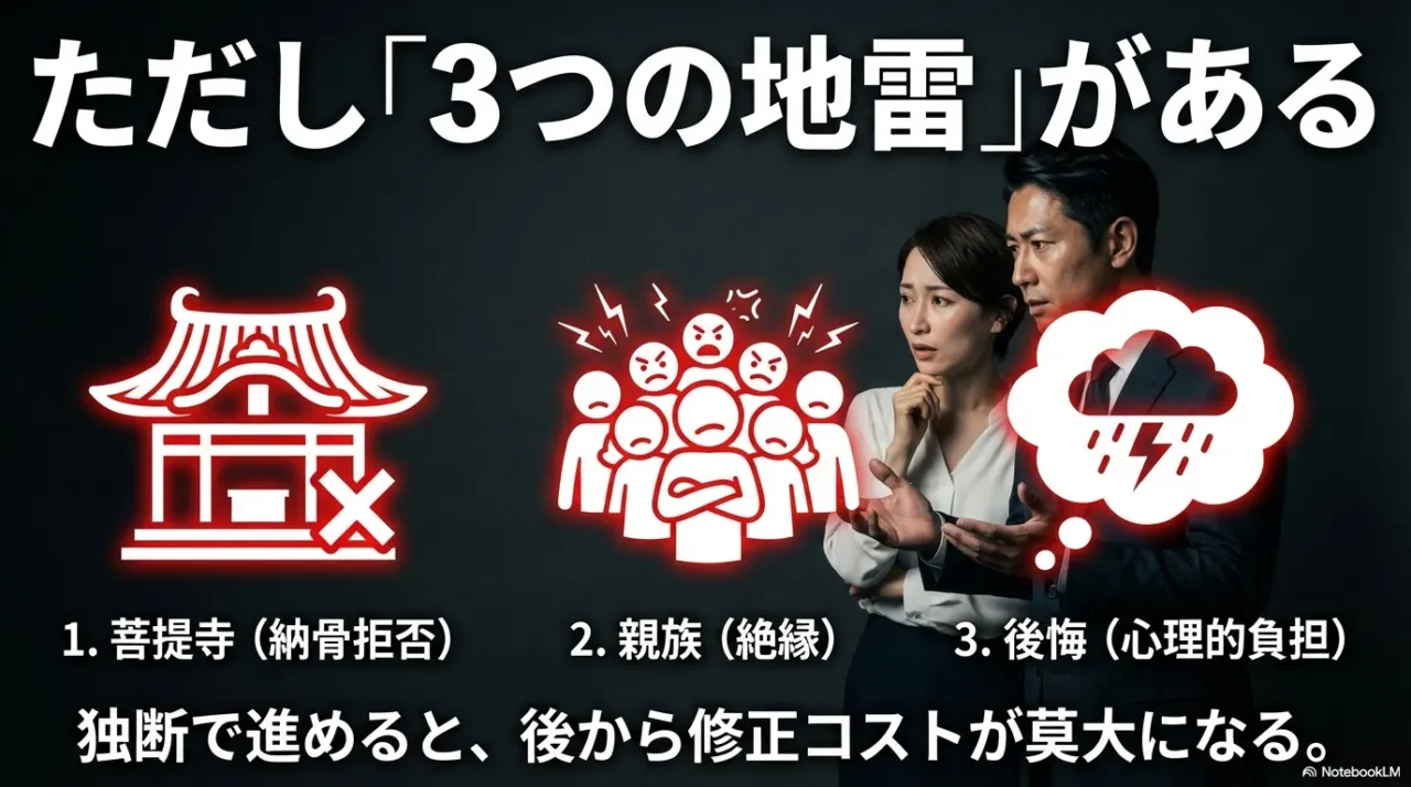 菩提寺・親族・後悔の3つが直葬・火葬式で揉めやすい地雷だと整理した画像