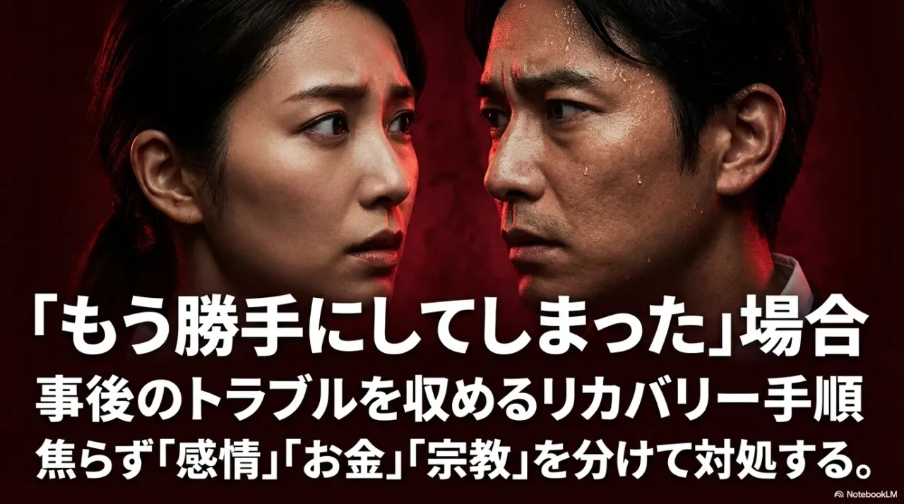 直葬・火葬式を勝手に進めた後の事後トラブルを収める手順を示した画像